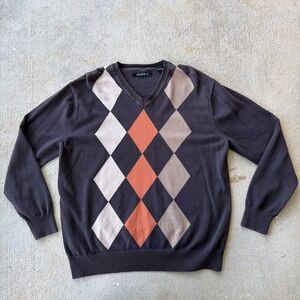 AXIST Argyle V-Neck Pullover Sweater Brown Orange Mens Size L 100% Cotton